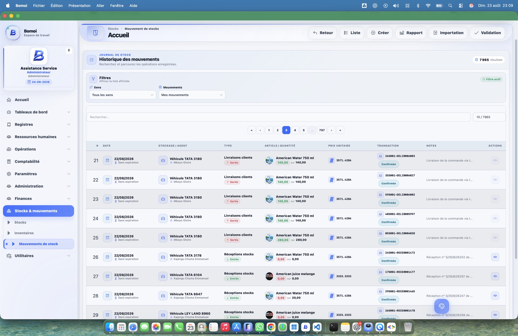 Interface Bomoi — Mouvements de stock